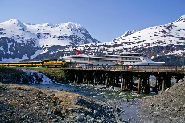 The Glacier Discovery has arrived in Whittier and will soon discharge their cruise passengers. The train is about to cross over Whittier Creek.
