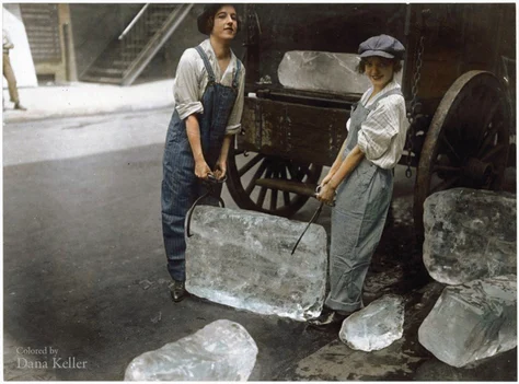 Picture from the mid nineteenth century of two women transporting ice to the back of a vehicle