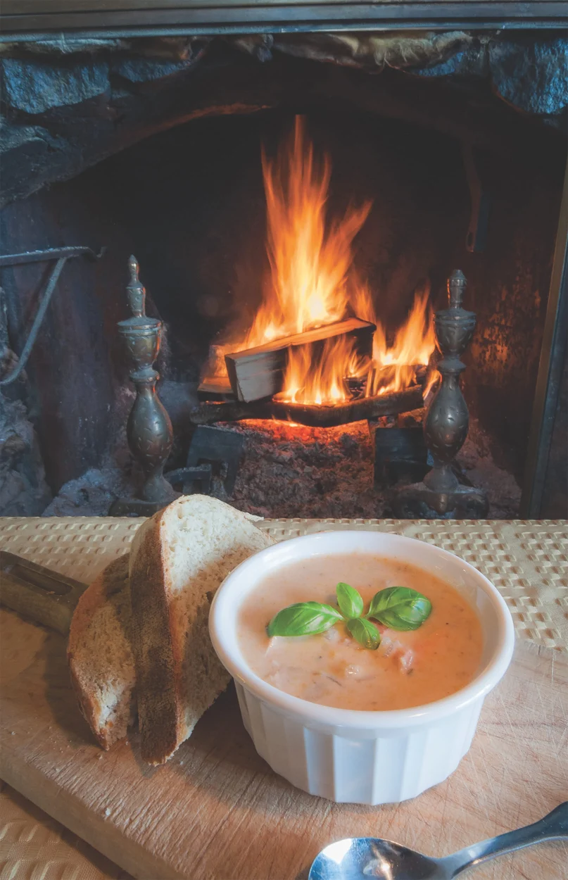Bowl of smoked salmon bisque with lit fireplace in background.