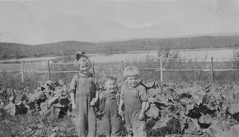 A photo of Elizabeth (Pat), Ann, and Peter Snider in front of their family garden in Pittman, Alaska, 1921.