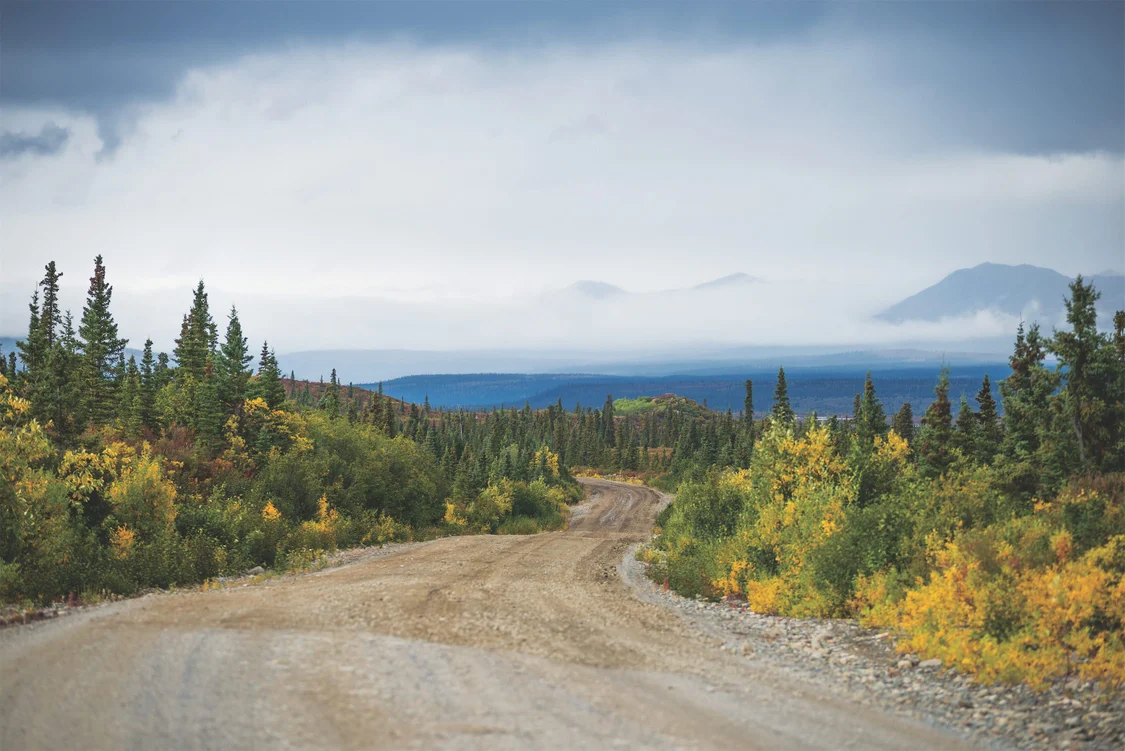 The Denali Highway, stretching far into the landscape of taiga and mountains