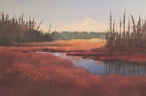 Watercolor painting of bog with mountains in background.