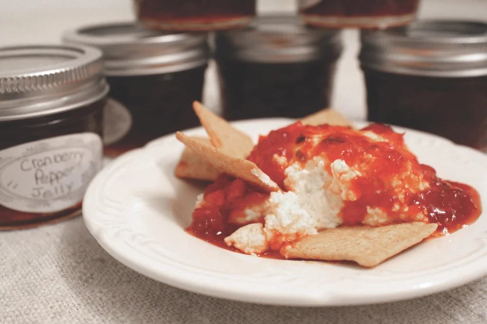 Serving of cranberry pepper jelly with crackers and cheese