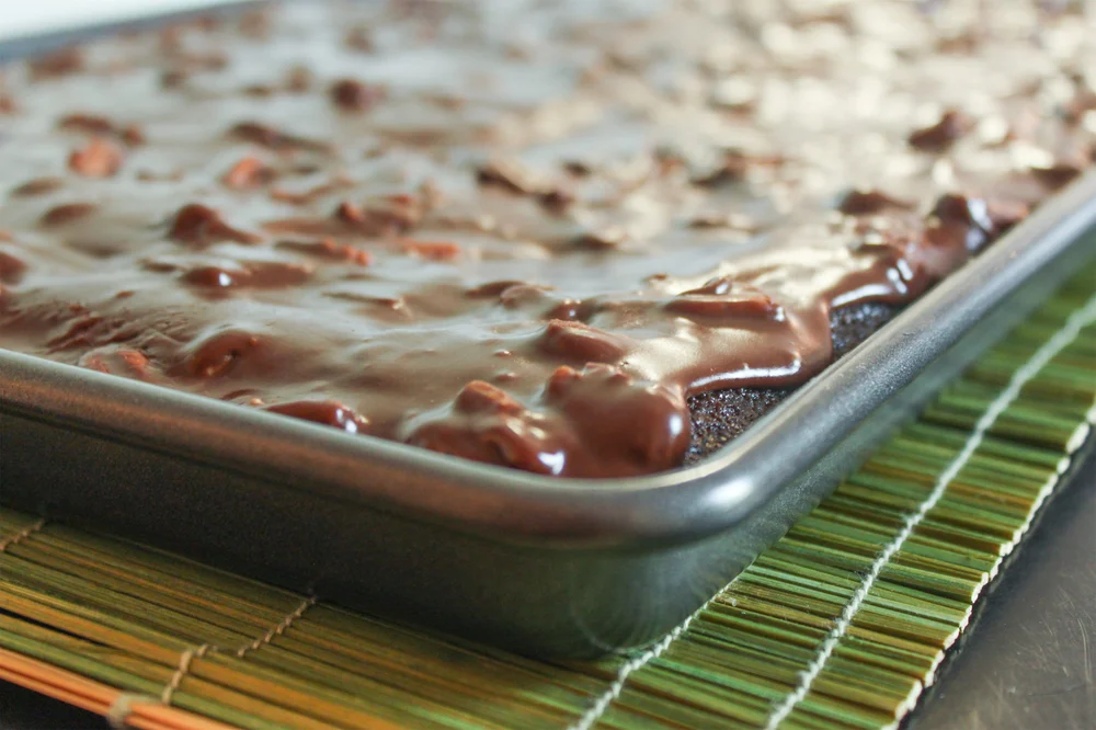 Display of great Alaskan chocolate sheet cake