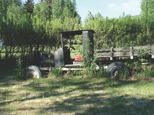 Antique truck in a yard at Manley Hot Springs with irises planted beside it getting ready to bloom.